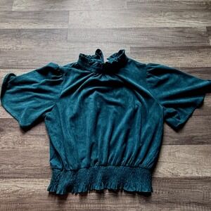 Voy Teal Suede Ruffle Neck Smocked Waist Tie Back Top Small